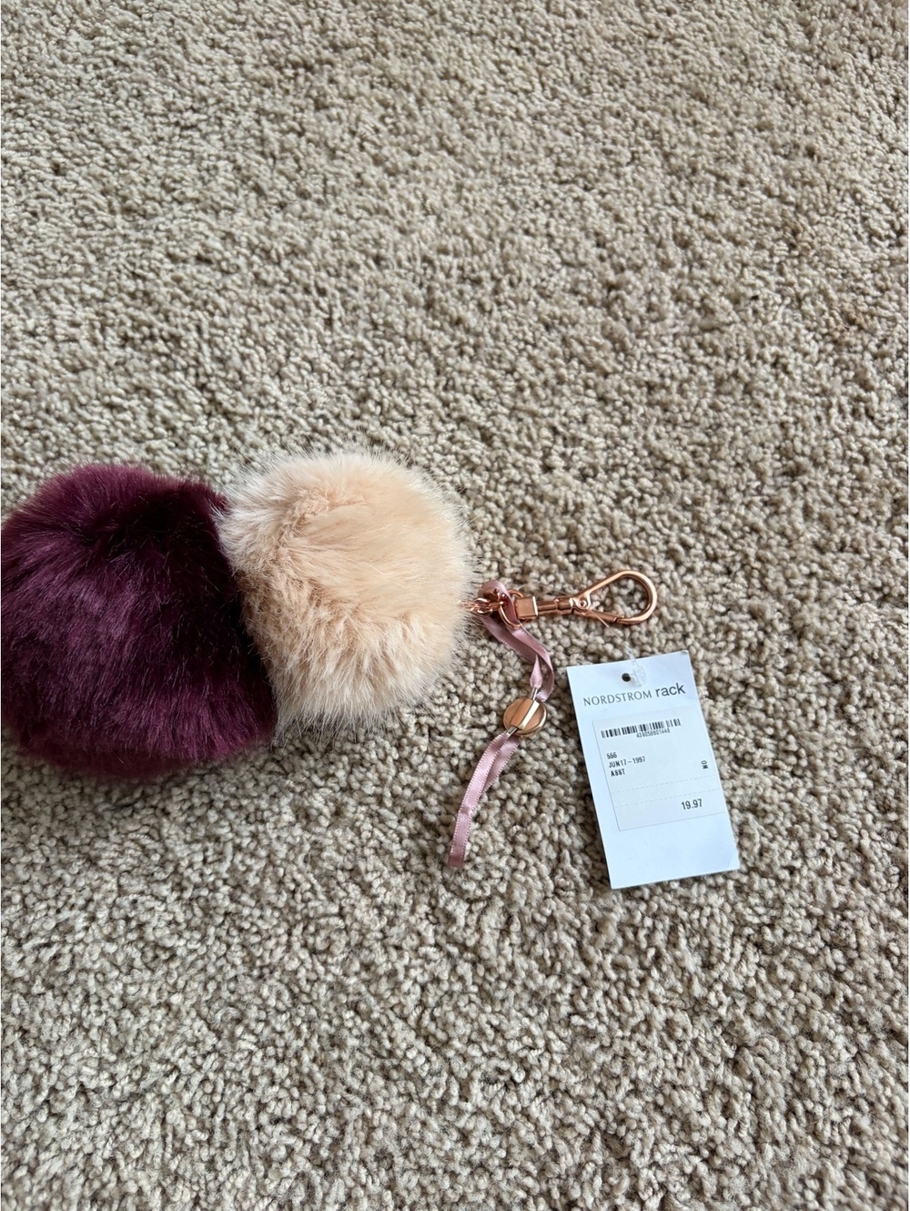 NWT Ted Baker faux-fur pom-pom keyring rose-gold hardware initial "T" charm beig